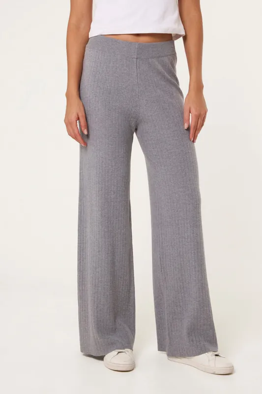 Grey Ribbed Wide Leg Trousers - Blue Vanilla