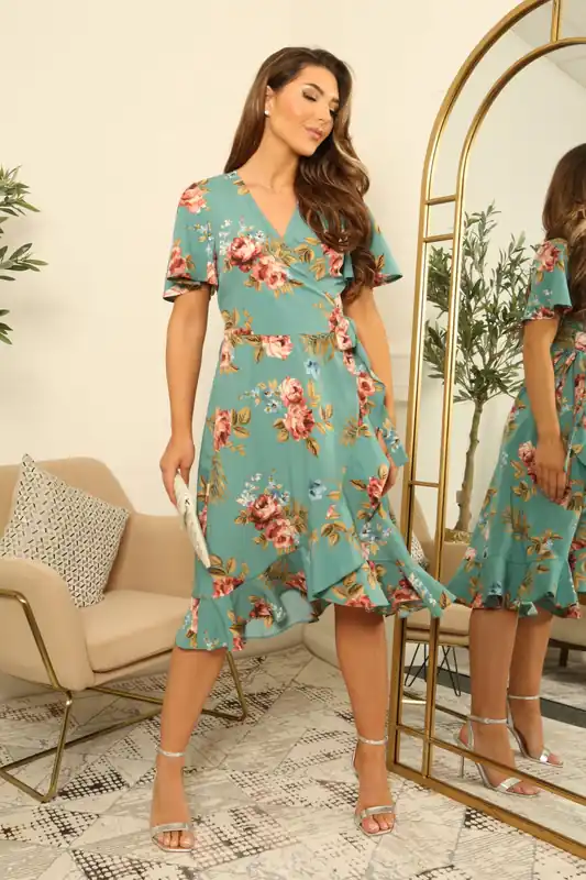 Printed Frill Hem True Wrap Dress - DOUBLE SECOND