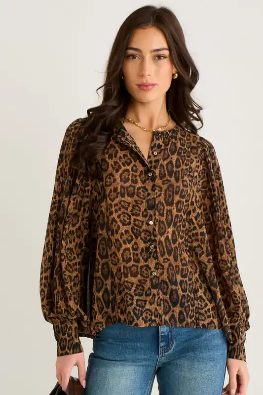Brown Chiffon Animal Print Pleated Shift Shirt Blouse - Gini London