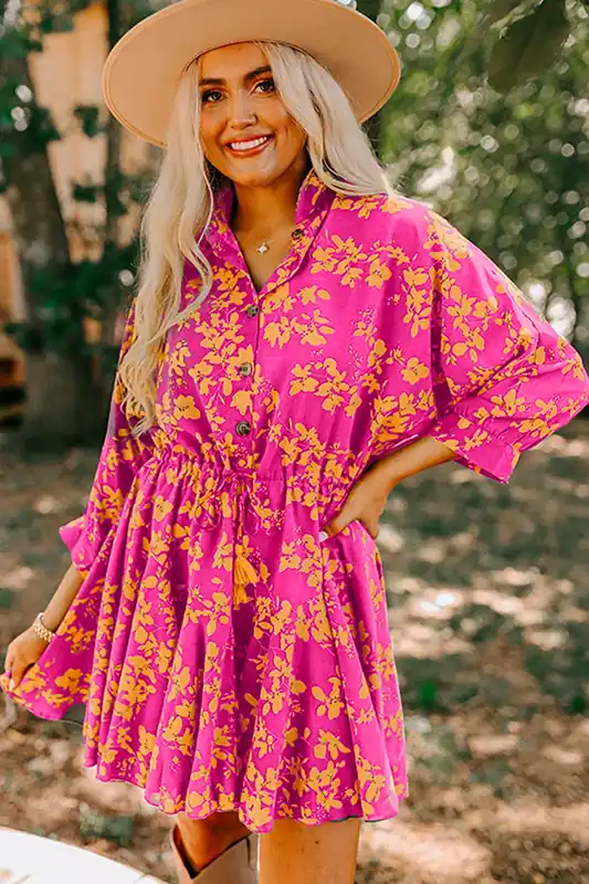 Pink Floral Print Drawstring Tunic Flowy Short Dress - Everyday The Label