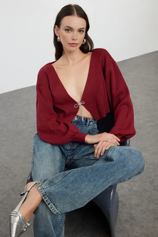 Super Crop Knit Cardigan With Bow Detail - WOVCOR