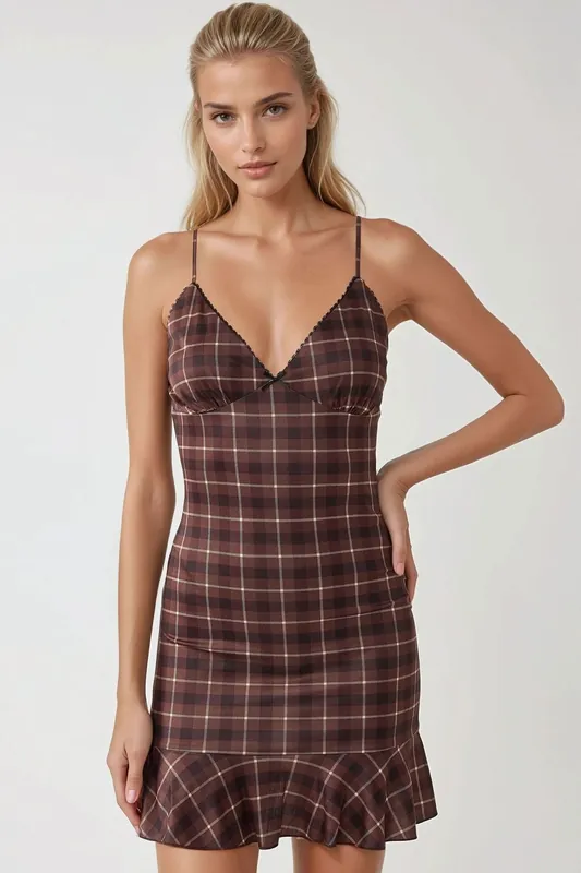 Plaid Mini Dress with V-Neck