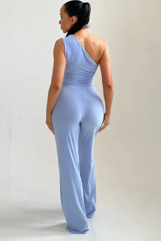 Tie Front Slinky Wide Leg One Shoulder Jumpsuit - Femme Luxe