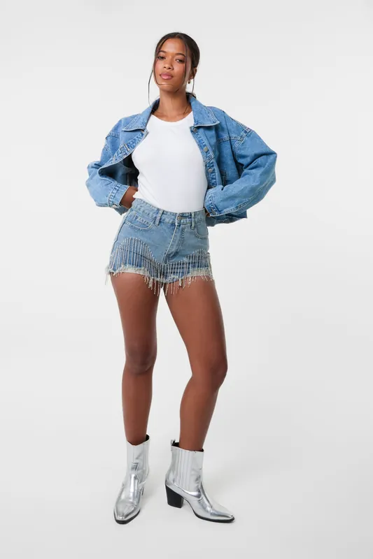 Embellished Diamante Denim Shorts - Pink Vanilla