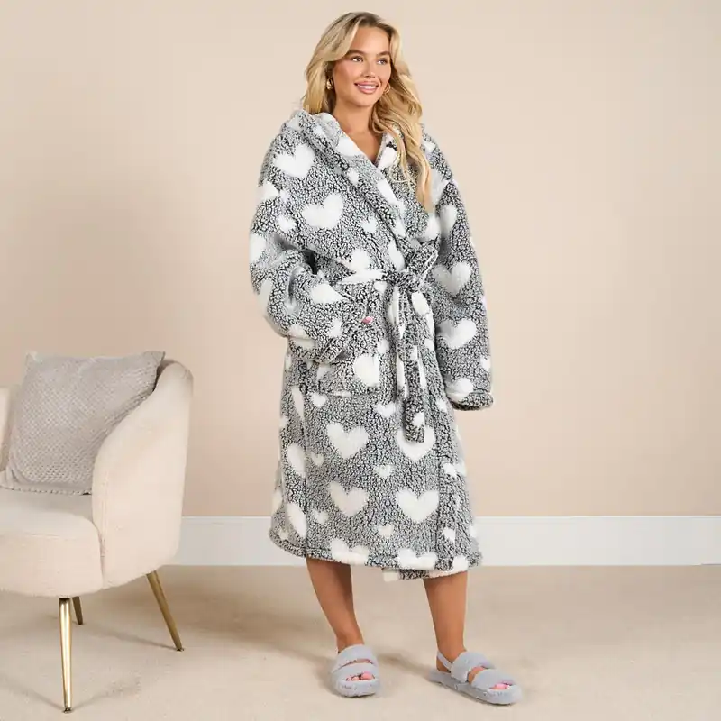 Teddy Dressing Gown Marl Heart Star Ladies Warm Soft Cosy Womens Longewear Robe - OHS