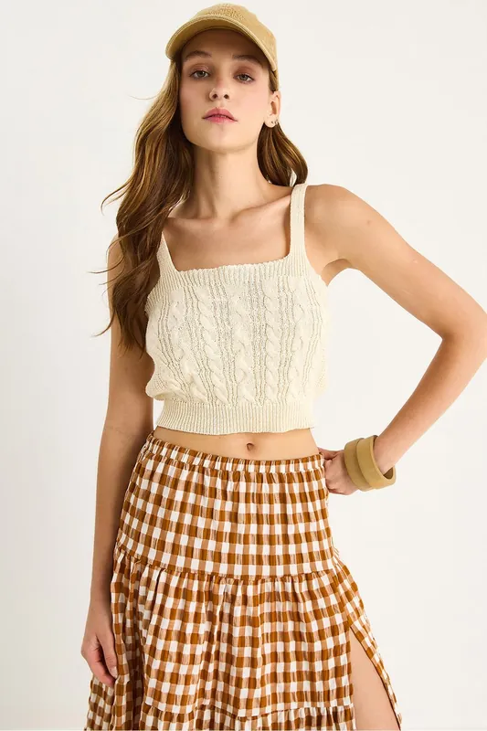 Textured Ribbed Square Collar Crop Blouse - Bianco Lucci