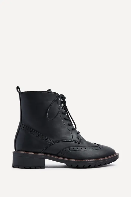 Kinsley Wide Fit Black Faux Leather Lace Up Military Boot - Linzi