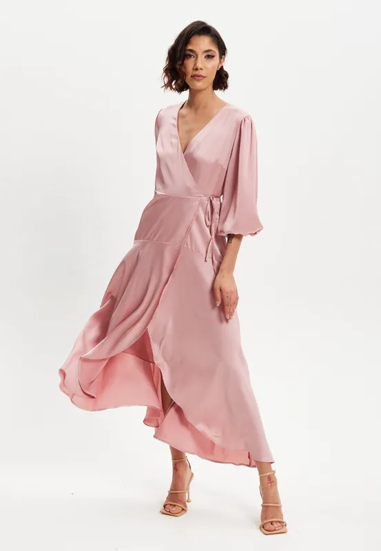 Pink Midi Wrap Dress With Short Puff Sleeves - Liquorish