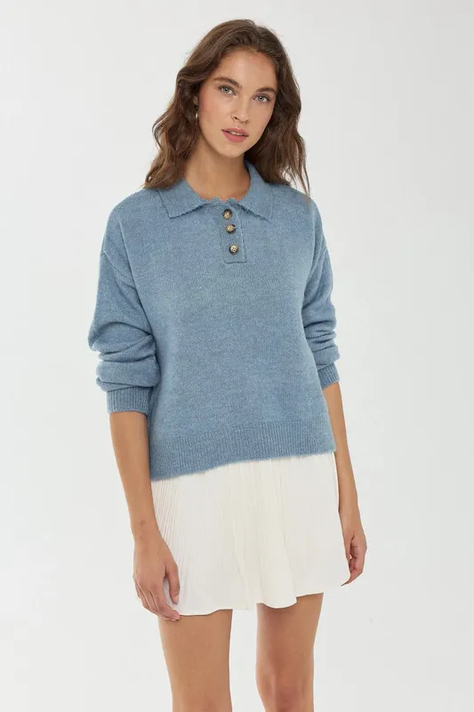 Button Collar Knit Sweater - Hiccup