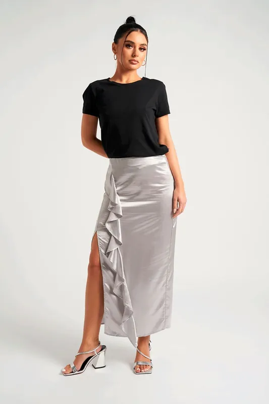 Satin Ruffle Side Split Midaxi Skirt - Urban Bliss