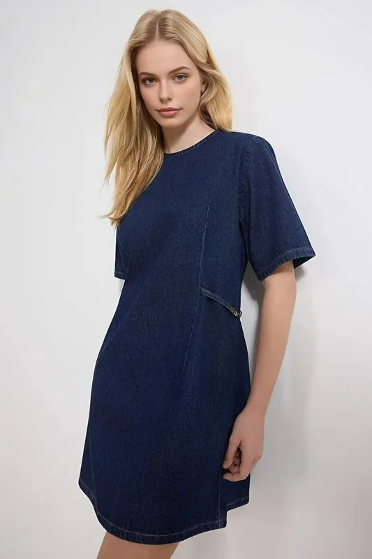 Hardware Detail Puff Sleeve Cotton Denim Mini Shift Dress - WOVCOR