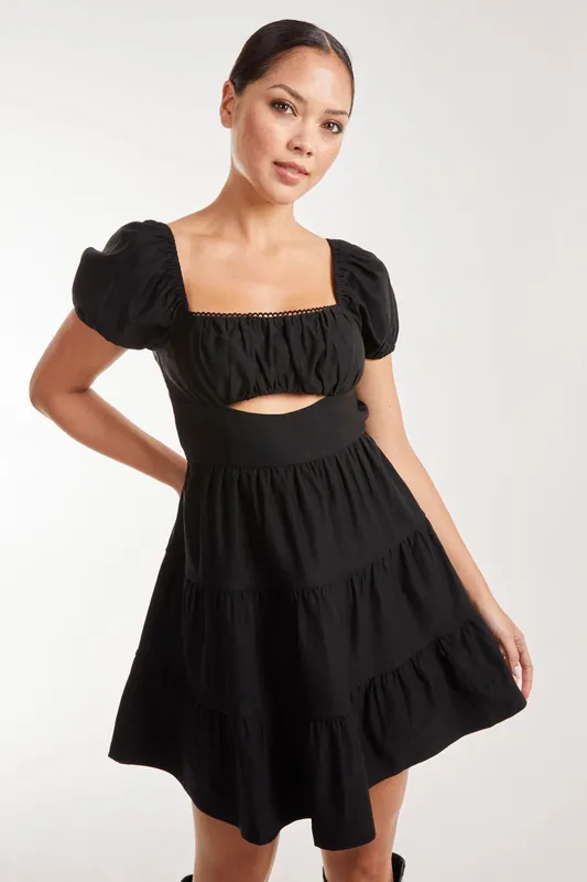 Puff Sleeve Peekaboo Tiered Mini Dress - Pink Vanilla