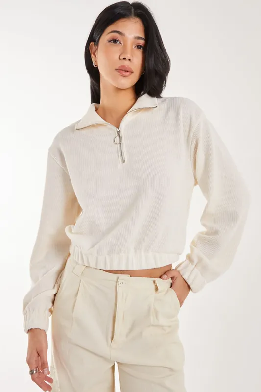 High Neck Zip Up Cropped Sweateshirts - Pink Vanilla
