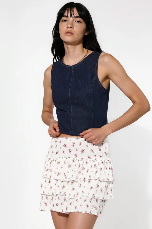 Floral High Waist Mini Skater Skirt - Busem