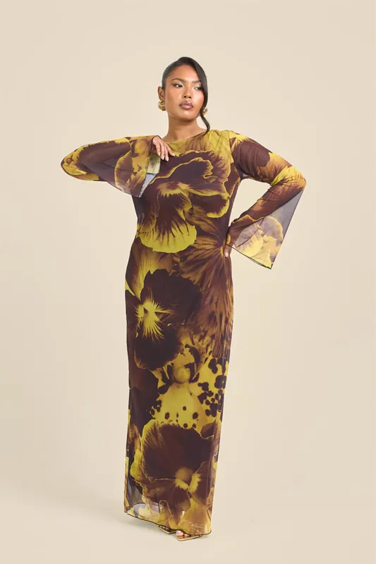 Curve Flare Sleeve Bold Floral Mesh Maxi Dress - FASHION-SZN