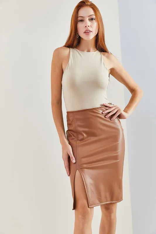 High Waist Faux Leather Midi Skirt with Slit - Bianco Lucci