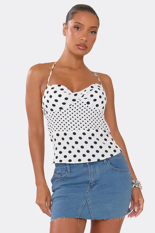 Strappy Halter Neck Knotted Tie Polka Dot Top - EGO