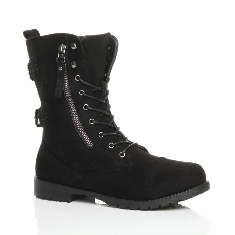 Lace Up Zips Military Biker Ankle Boots - AJVANI