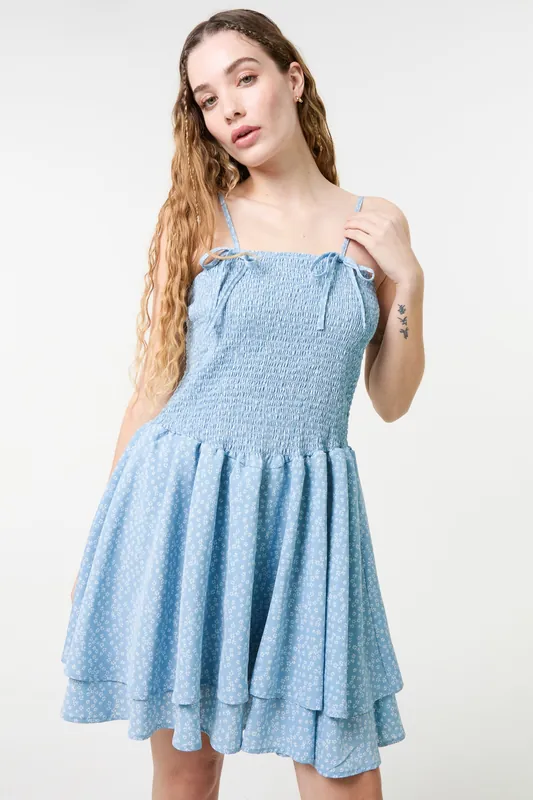 Blue Shirred Ruffle Mini Dress - Pink Vanilla