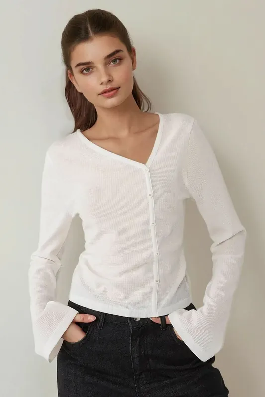 Asymmetrical Neck Textured Waffle Blouse - Hiccup
