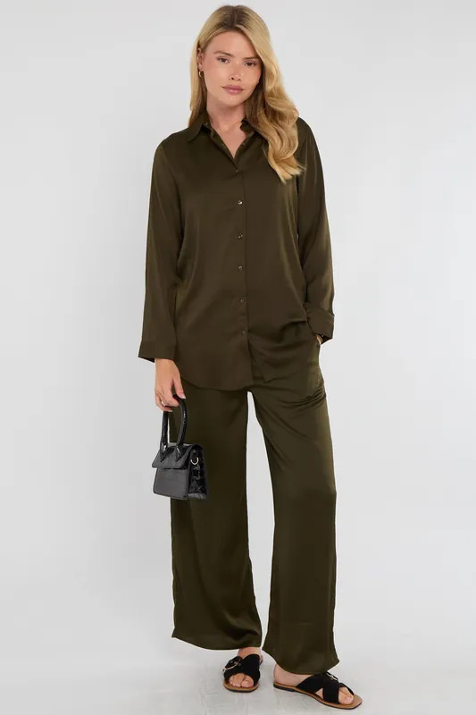 Khaki Satin Co-ord Shirt and Trousers Set