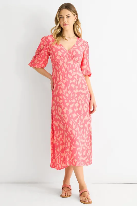 Pink Animal Print Viscose Midi Dress - Gini London