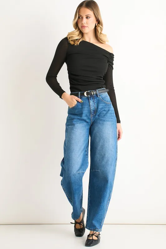 Black Jersey Slash Neck Long Sleeves Top - Gini London