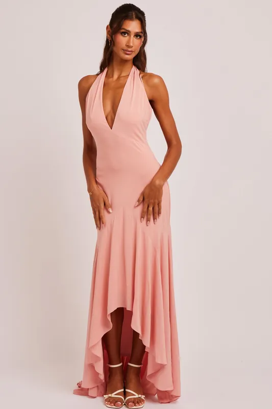 Liliana Pink Plunge Halter Godet Maxi Dress - Jaded Rose