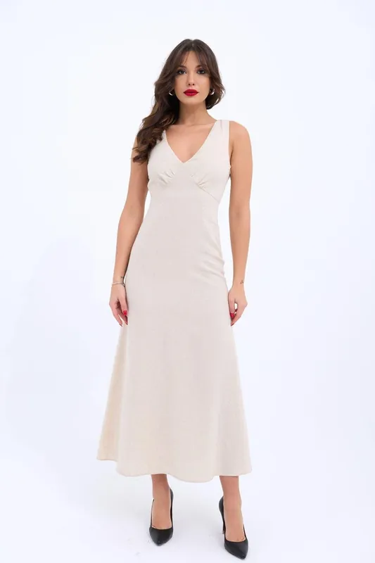 V-Neck Sleeveless Midi Dress with Drape Detail