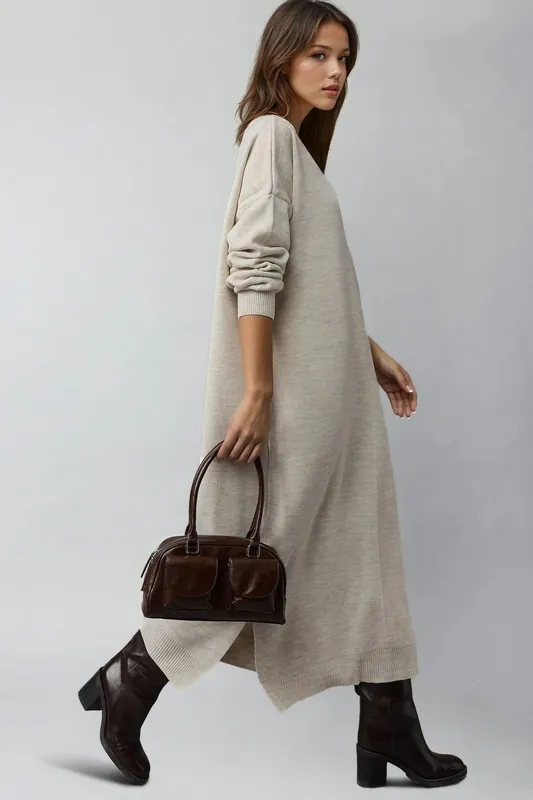 Textured Ribbed Long Knit Dress with Slit Detail - MyFashion