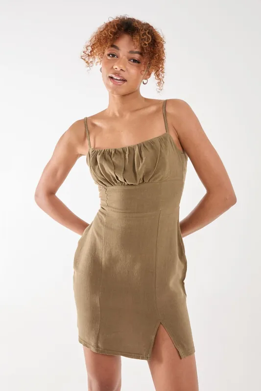 Linen Ruched Strappy Mini Dress - Pink Vanilla
