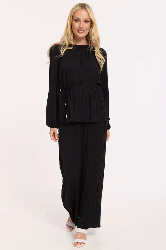 Black Pleated Co-Ord Top And Trousers