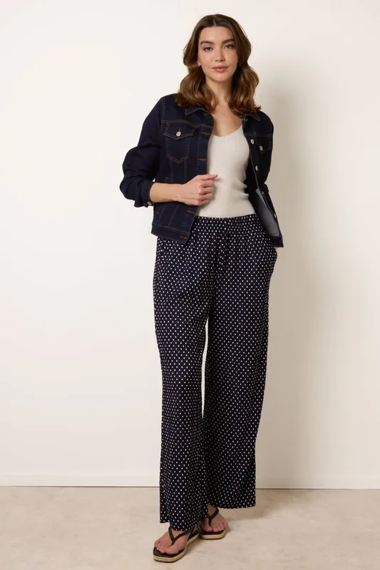 Navy Spot Print Crinkle Wide Leg Trousers - Blue Vanilla