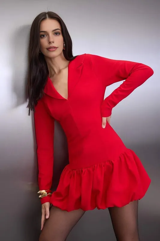 V Neck Long Sleeve Balloon Skirt Mini Woven Dress with Lined Shorts - WOVCOR