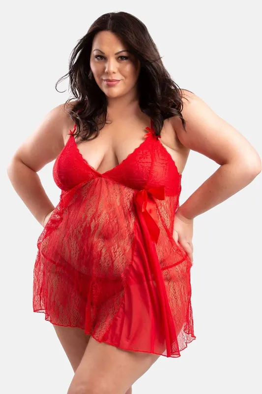Lily Plus Size Lace & Mesh Nightie with Bow - Perfect4U
