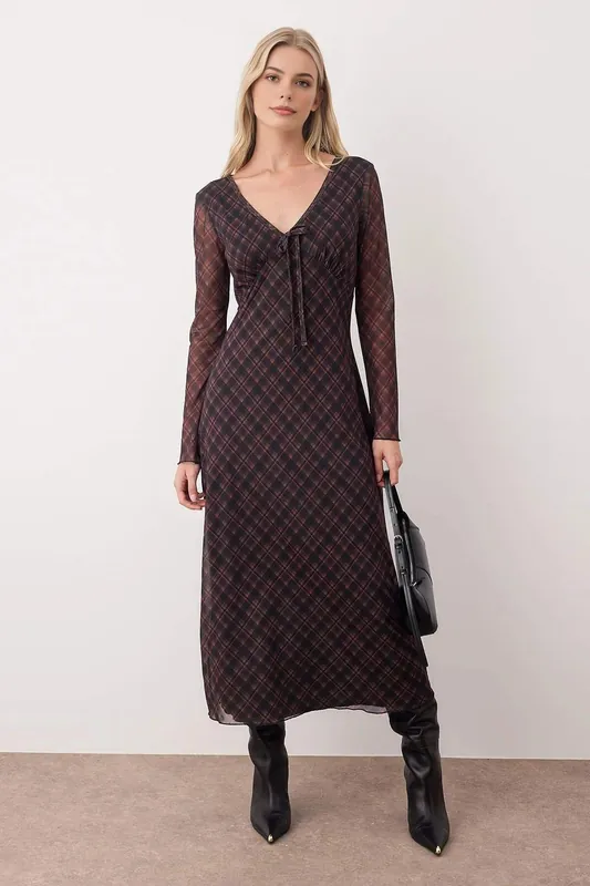 Argyle Print Maxi Knit Dress with Tie Front Detail - WOVCOR