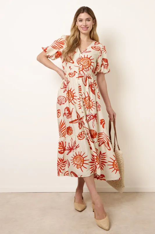 Orange Tropical Button Through Midi Dress - Blue Vanilla