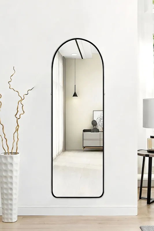 40x150cm Black Arched Metal Full Length Mirror with Floor Stand & Wall Mount - Living and Home