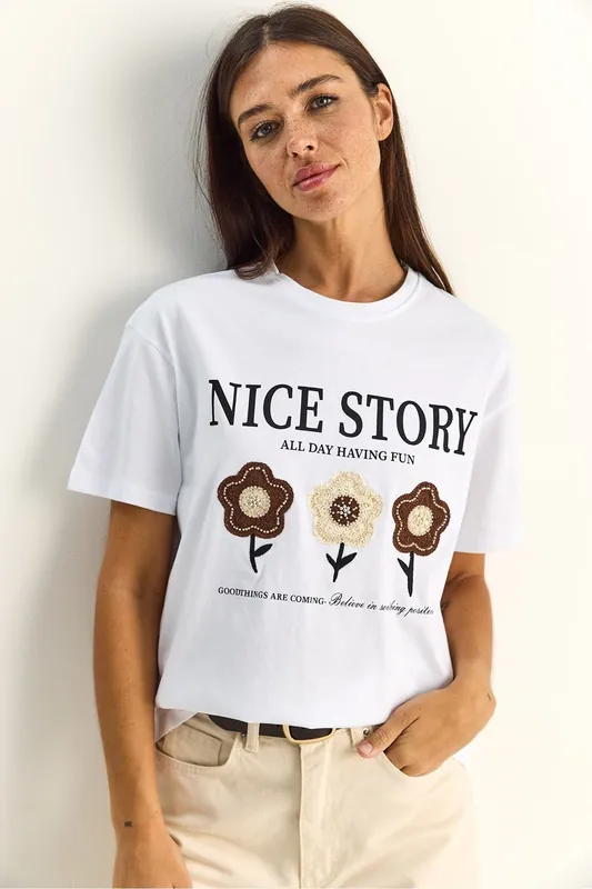 Embroidered Text Print Relaxed Fit T-Shirt
