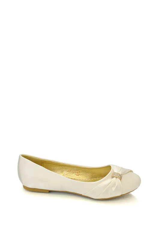Gabriela' Flat Ruched Diamante Sparkly Brooch Classic Wedding Bridal Ballerina Pumps - XY London