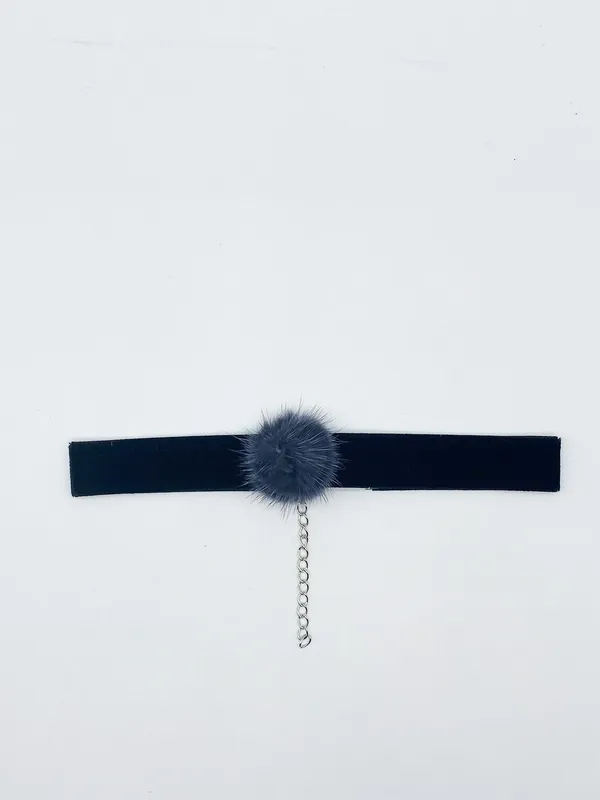 Black Faux Velvet Band Choker Necklace With Grey Pom Pom - SVNX