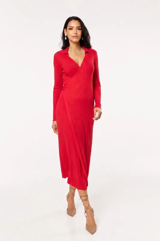 Red Ribbed Long Sleeve Wrap Midi Dress - Liquorish