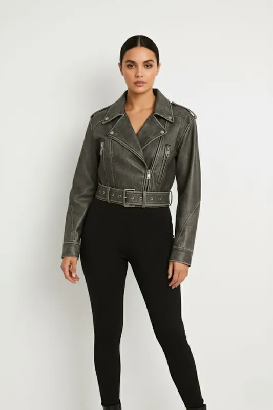 Washed PU Cropped Biker Jacket - STYLEWISE