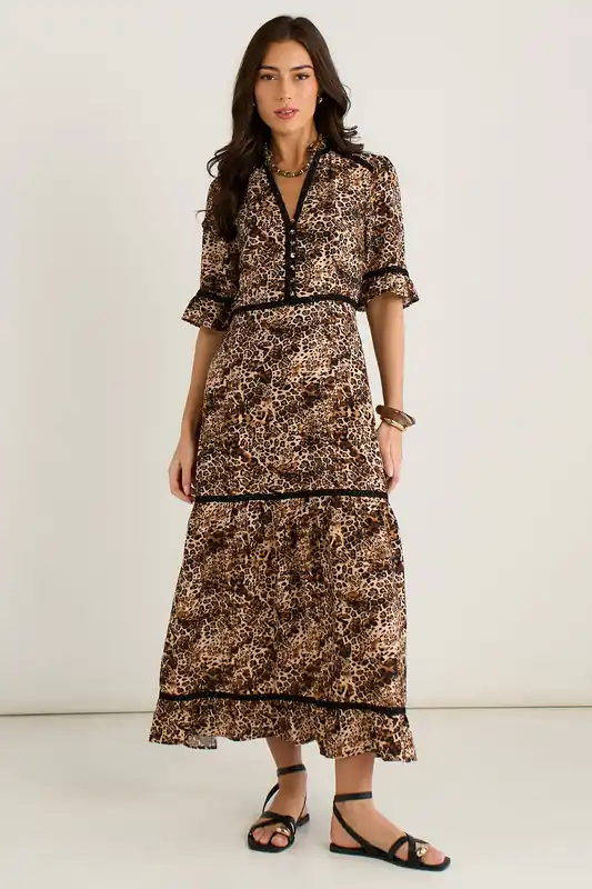 Brown Animal Print Lace Trim Tiered Midi Dress - Gini London