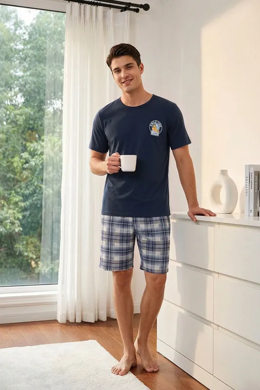 Short Sleeve Checked Shorts Pyjama Set - MODISHION