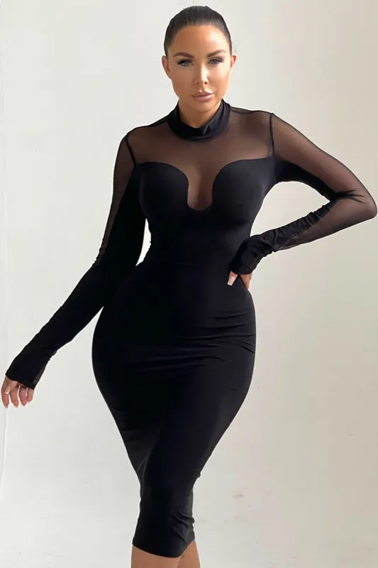 Black Long Sleeve High Neck Mesh Detail Midi Dress - Femme Luxe