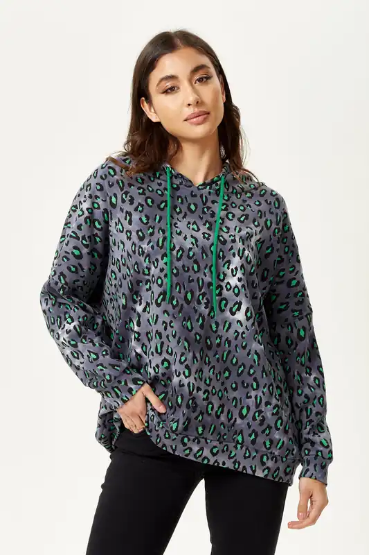 Green Animal Print Hoodie In Grey - Liquorish