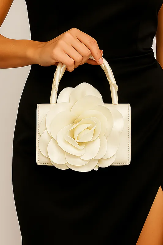 Satin Evening Bridal Wedding Prom Party Flower Mini Tote Bag - AJVANI