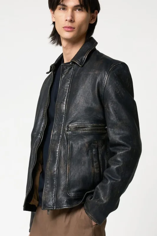 Washed Real Leather Trucker Jacket - Barneys Originals