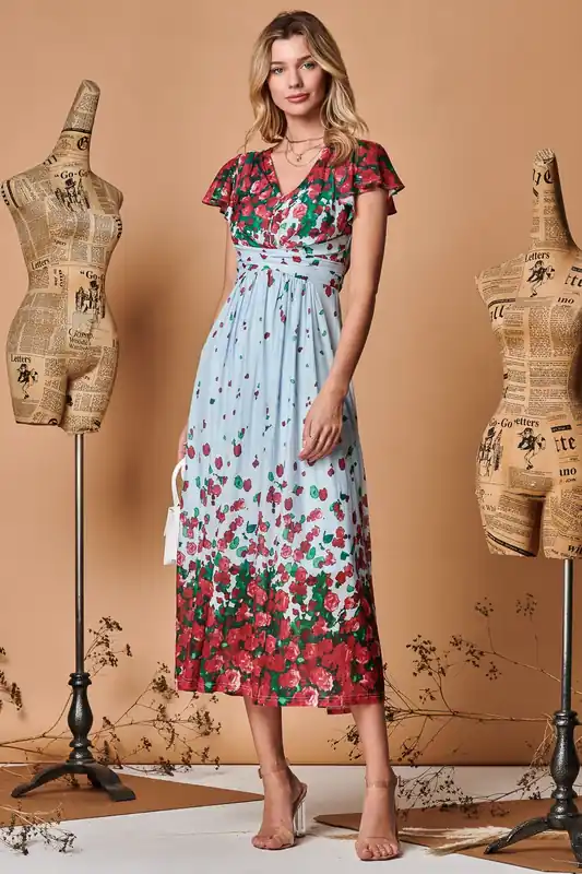 Symmetrical Floral Print Mesh Maxi Dress - Jolie Moi